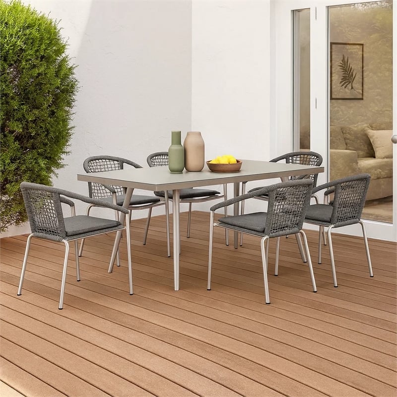 Benjara Phil 7 Piece Dining Set- Slate Gray Woven Rope- Sturdy Aluminum Frames