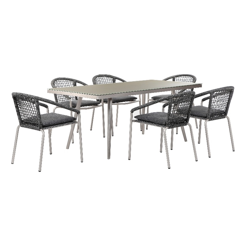 Benjara Phil 7 Piece Dining Set- Slate Gray Woven Rope- Sturdy Aluminum Frames