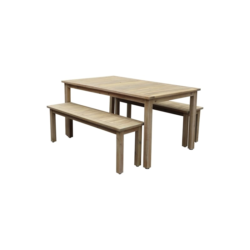 Benjara Felix 3 PC Modern Dining Set- Natural Brown Acacia Wood Frame- 6 Seater