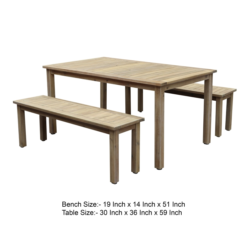 Benjara Felix 3 PC Modern Dining Set- Natural Brown Acacia Wood Frame- 6 Seater