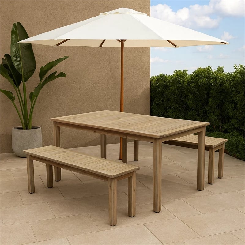 Benjara Felix 3 PC Modern Dining Set- Natural Brown Acacia Wood Frame- 6 Seater