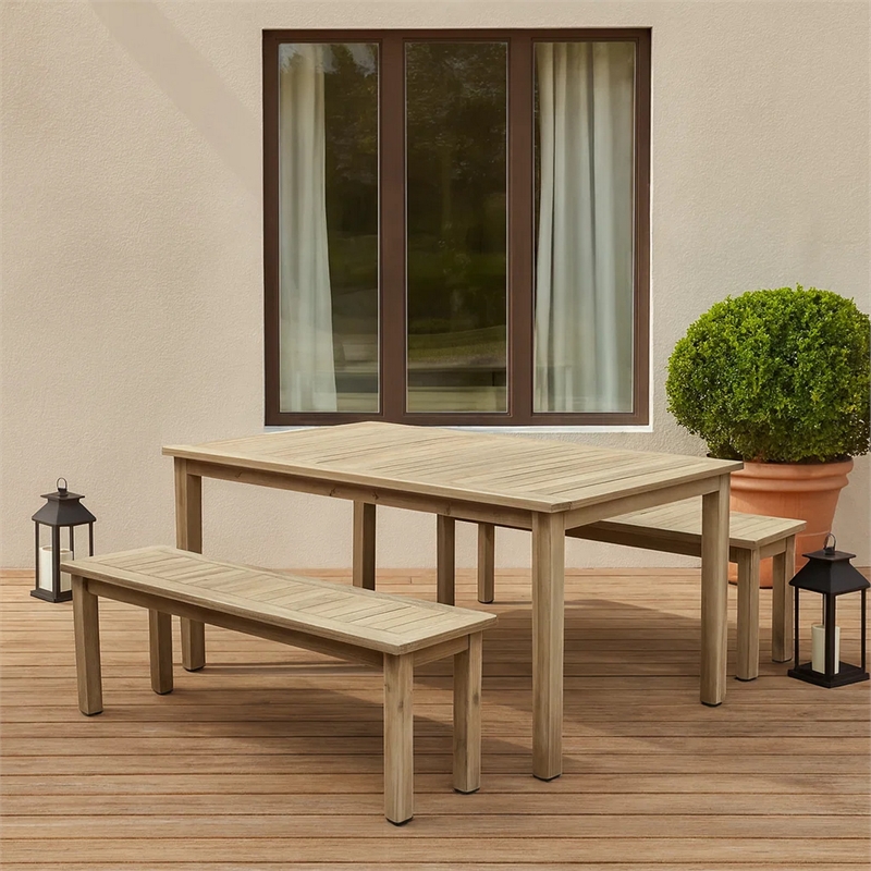Benjara Felix 3 PC Modern Dining Set- Natural Brown Acacia Wood Frame- 6 Seater