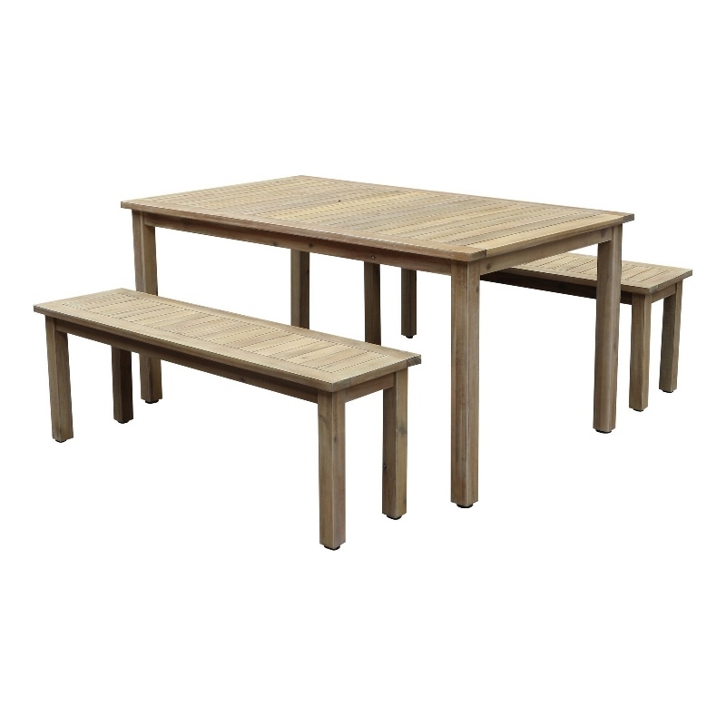 Benjara Felix 3 PC Modern Dining Set- Natural Brown Acacia Wood Frame- 6 Seater