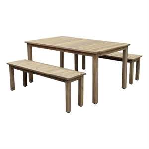Benjara Felix 3 PC Modern Dining Set- Natural Brown Acacia Wood Frame- 6 Seater