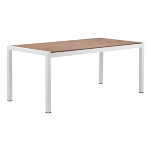Benjara Fifi 71&quot Outdoor Dining Table- Brown Polyresin Top- White Metal Frame