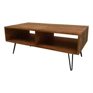 Benjara 42&quot Modern Cocktail Coffee Table with Open Compartments- Brown Wood Top