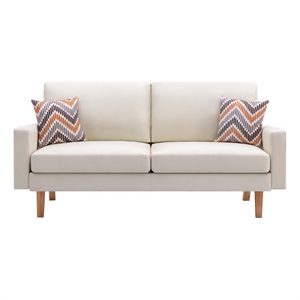 Benjara Gala Sofa & 2 Pillows - Crisp Soft Beige Linen Fabric/Brown Solid Wood