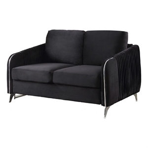 Benjara 54&quot Modern Loveseat- Vertical Quilted Design- Jet Black Velvet Fabric