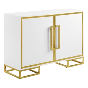 Benjara 48&quot Wood Accent Cabinet with 2 Doors & Square Open Base- White/Gold