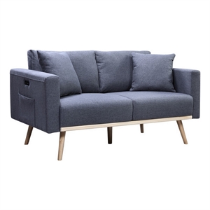 Benjara Mico 57&quot Modern Loveseat- USB Ports & Side Pocket- Dark Gray Fabric