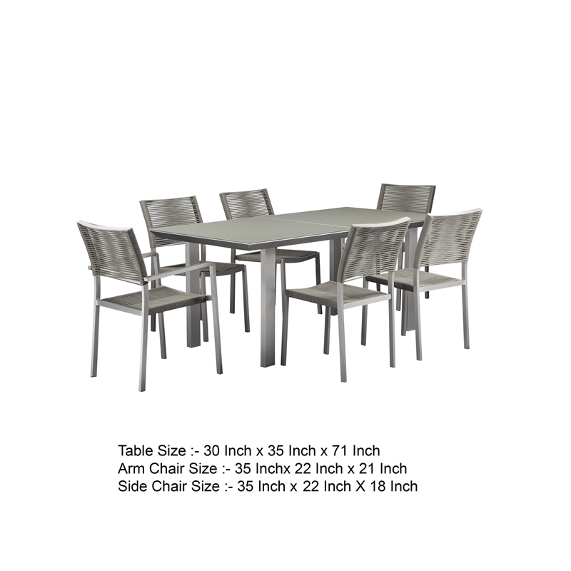 Benjara Kylo 7 Piece Dining Table Set- Aluminum- Gray Rope Weave Backrest & Seat