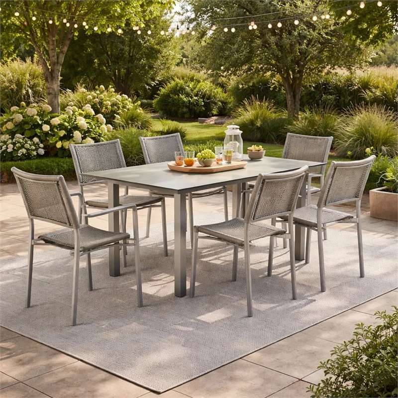 Benjara Kylo 7 Piece Dining Table Set- Aluminum- Gray Rope Weave Backrest & Seat