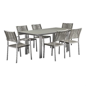 Benjara Kylo 7 Piece Dining Table Set- Aluminum- Gray Rope Weave Backrest & Seat