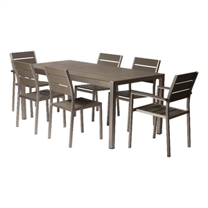 Benjara Cora 7 Piece Outdoor Dining Table- Chairs Set- Gray- Plank Seats & Backs