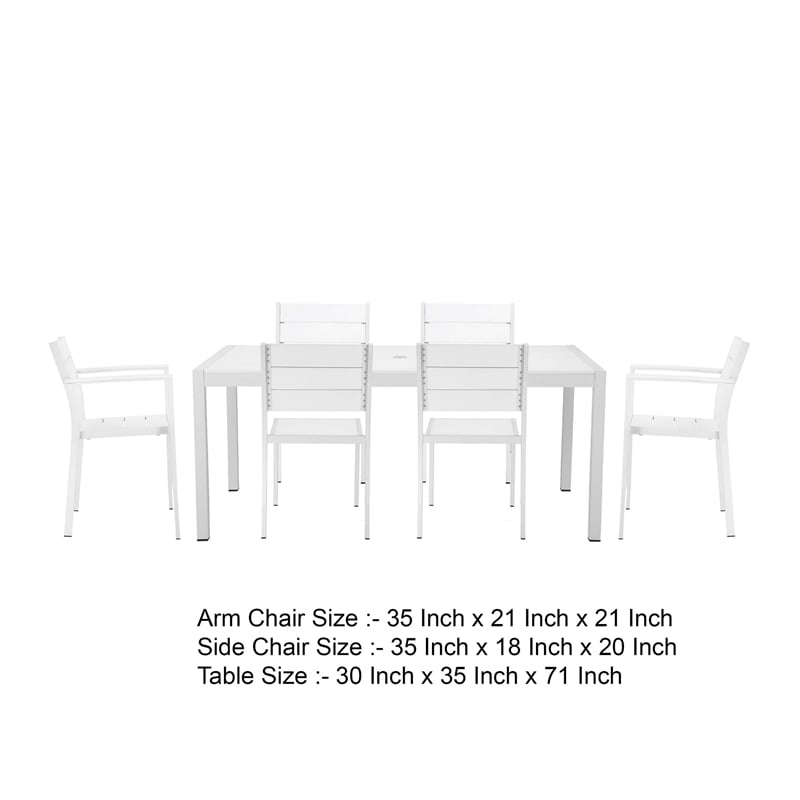 Benjara Cora 7 Piece Outdoor Dining Table- Chairs Set- White/Plank Seat & Backs