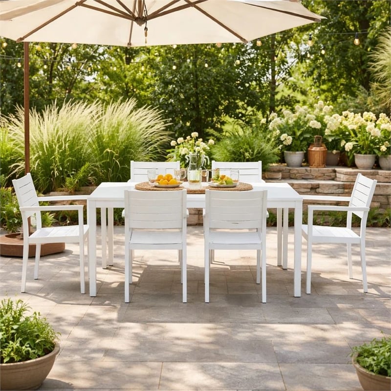 Benjara Cora 7 Piece Outdoor Dining Table- Chairs Set- White/Plank Seat & Backs
