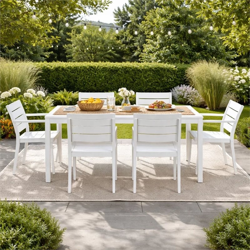 Benjara Cora 7 Piece Outdoor Dining Table- Chairs Set- White/Plank Seat & Backs