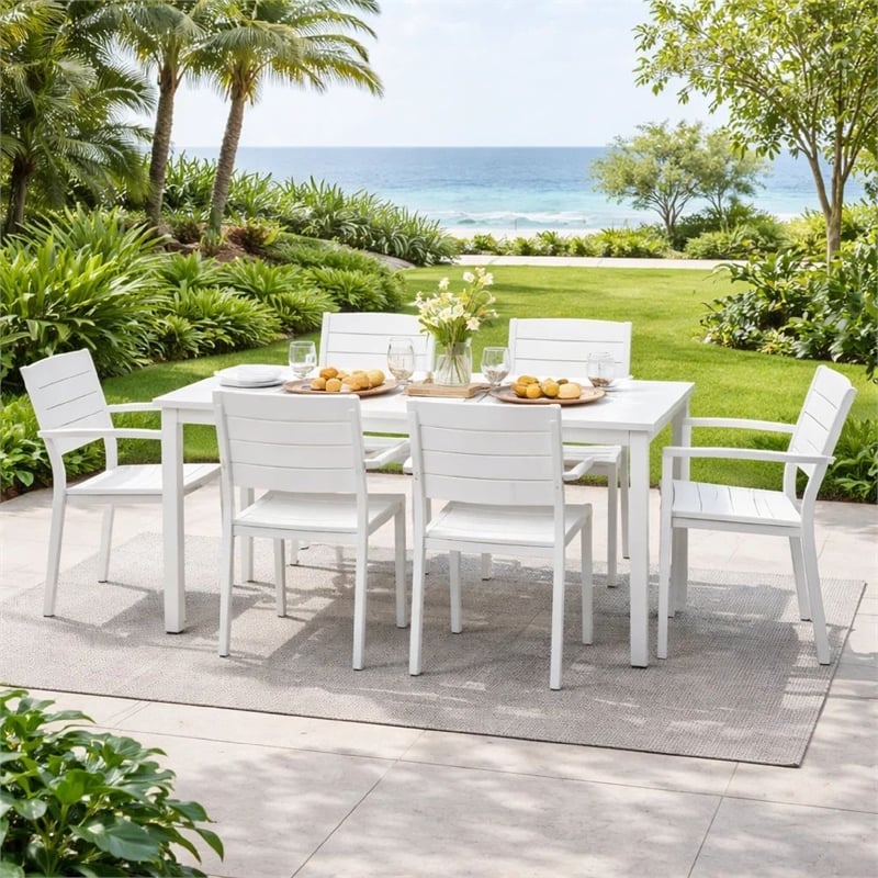 Benjara Cora 7 Piece Outdoor Dining Table- Chairs Set- White/Plank Seat & Backs