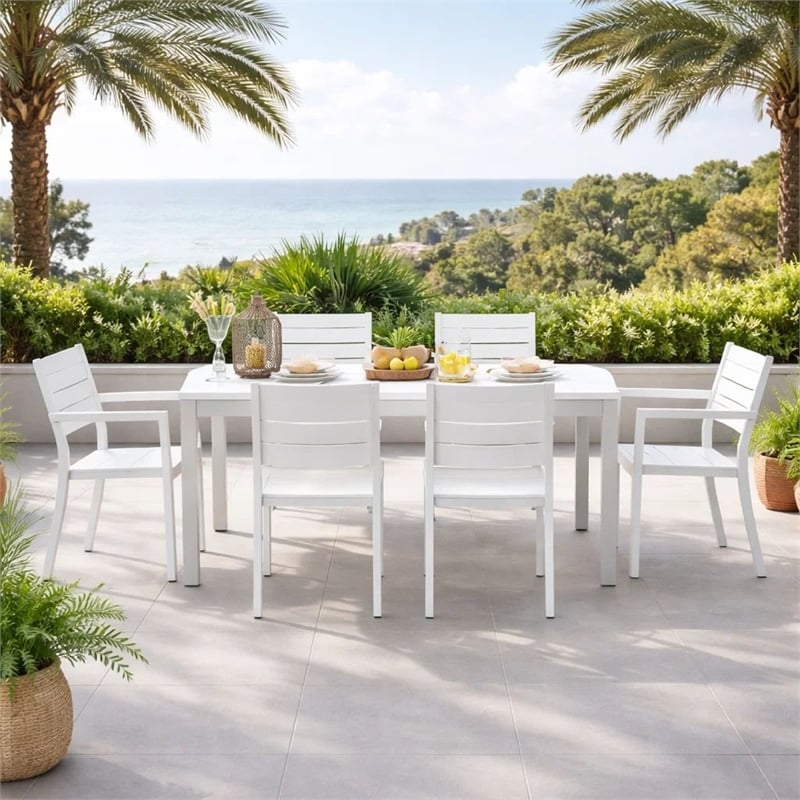 Benjara Cora 7 Piece Outdoor Dining Table- Chairs Set- White/Plank Seat & Backs