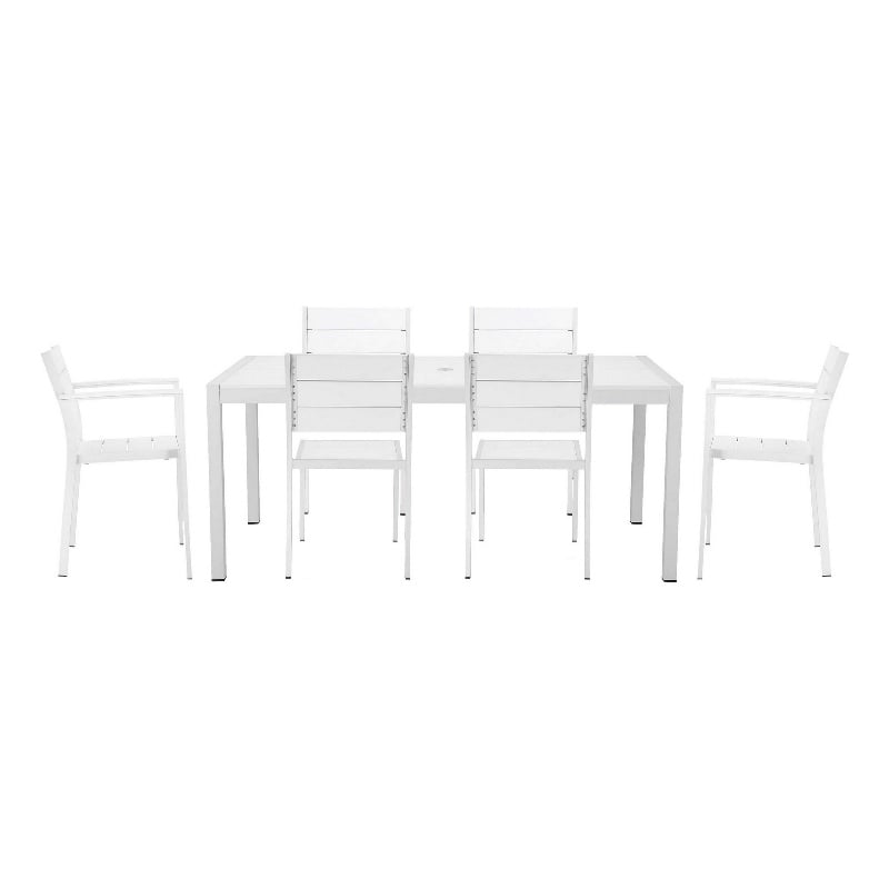 Benjara Cora 7 Piece Outdoor Dining Table- Chairs Set- White/Plank Seat & Backs