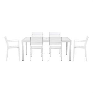 Benjara Cora 7 Piece Outdoor Dining Table- Chairs Set- White/Plank Seat & Backs