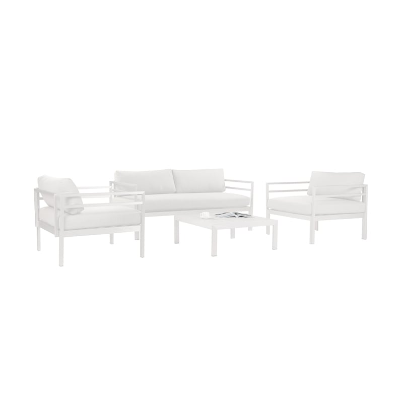Benjara Billy 4 Piece Outdoor Sofa Set- Classic White Aluminum- Fabric Cushions