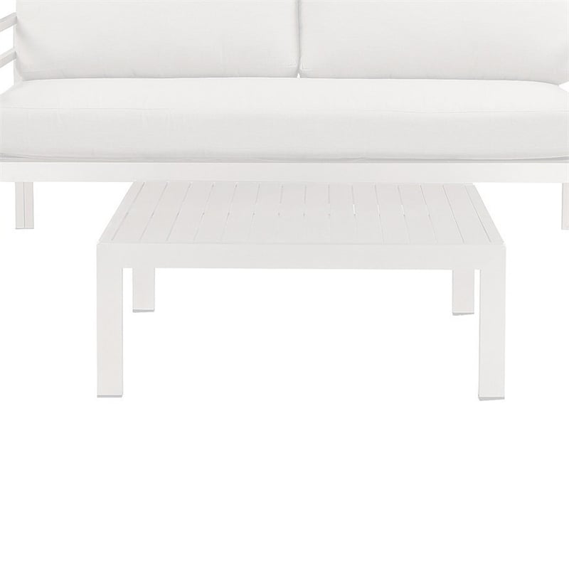 Benjara Billy 4 Piece Outdoor Sofa Set- Classic White Aluminum- Fabric Cushions