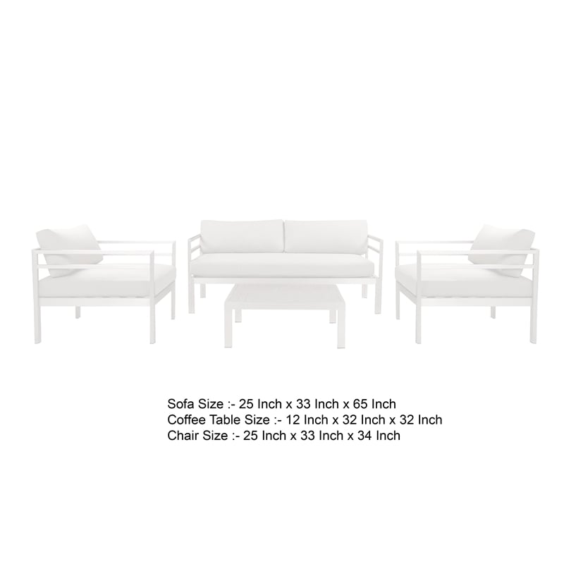 Benjara Billy 4 Piece Outdoor Sofa Set- Classic White Aluminum- Fabric Cushions