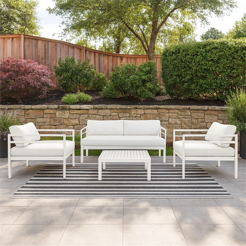 Benjara Billy 4 Piece Outdoor Sofa Set- Classic White Aluminum- Fabric Cushions