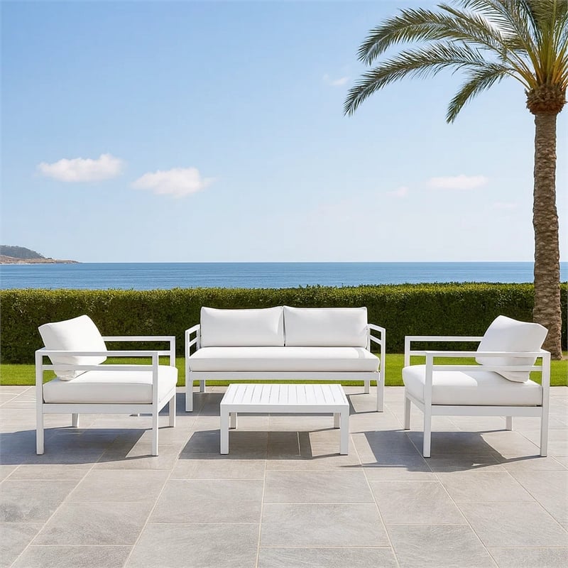 Benjara Billy 4 Piece Outdoor Sofa Set- Classic White Aluminum- Fabric Cushions