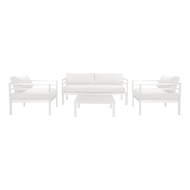 Benjara Billy 4 Piece Outdoor Sofa Set- Classic White Aluminum- Fabric Cushions