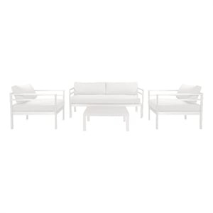 Benjara Billy 4 Piece Outdoor Sofa Set- Classic White Aluminum- Fabric Cushions