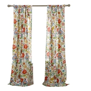 Benjara 84&quot Window Panel Curtain- Red and Blue Flowers- Polyester- Back Ties