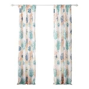 Benjara Geo 84&quot Window Curtains- White Blue Polyester- Seashells Ferns Print