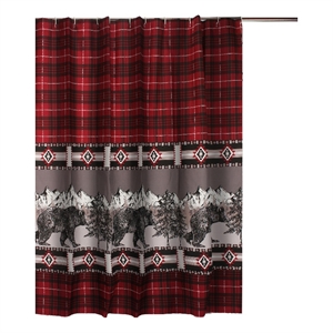 Benjara Sofia 72&quot Bear Shower Curtain- Red and Black Plaid- Poly Microfiber