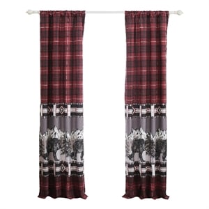 Benjara Sofia 84&quot Bear Panel Curtains- Poly Microfiber- Red and Black Plaid