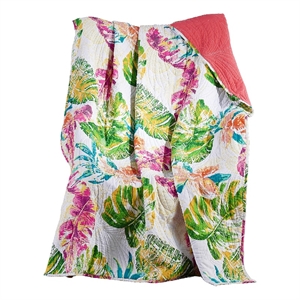 Benjara Porto 60&quot Throw Blanket- Tropical Palm Leaves- Vibrant Green- Blue