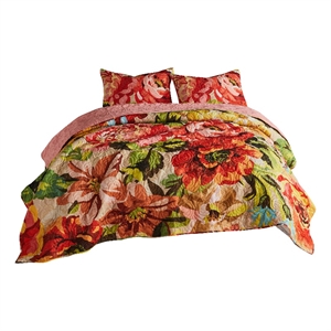 Benjara Dahl 3 Piece King Quilt Set- 2 Pillow Shams- Polyester Fill- Multicolor