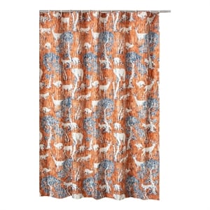Benjara Gin 72&quot Shower Curtain- Fun Deer and Bears Print- Orange Microfiber