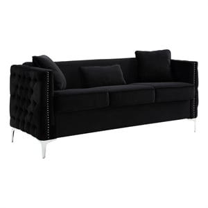 Benjara Joel 73&quot Modern Sofa with 3 Pillows- Tufted Black Velvet- Silver Legs