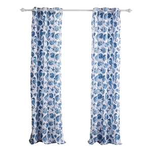 Benjara Riga 84&quot Window Curtains- Blue Seashells Print- Microfiber- Rod Pockets