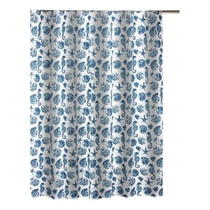 Benjara Riga 72&quot Shower Curtain- Blue Seashells Print- Button Holes- Microfiber