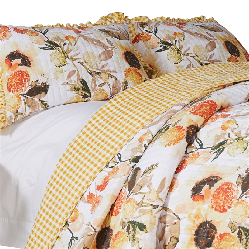 Benjara Kelsa 2 PC Twin Quilt Set with Pillow Sham- Cotton- Ruffled Border- Gold