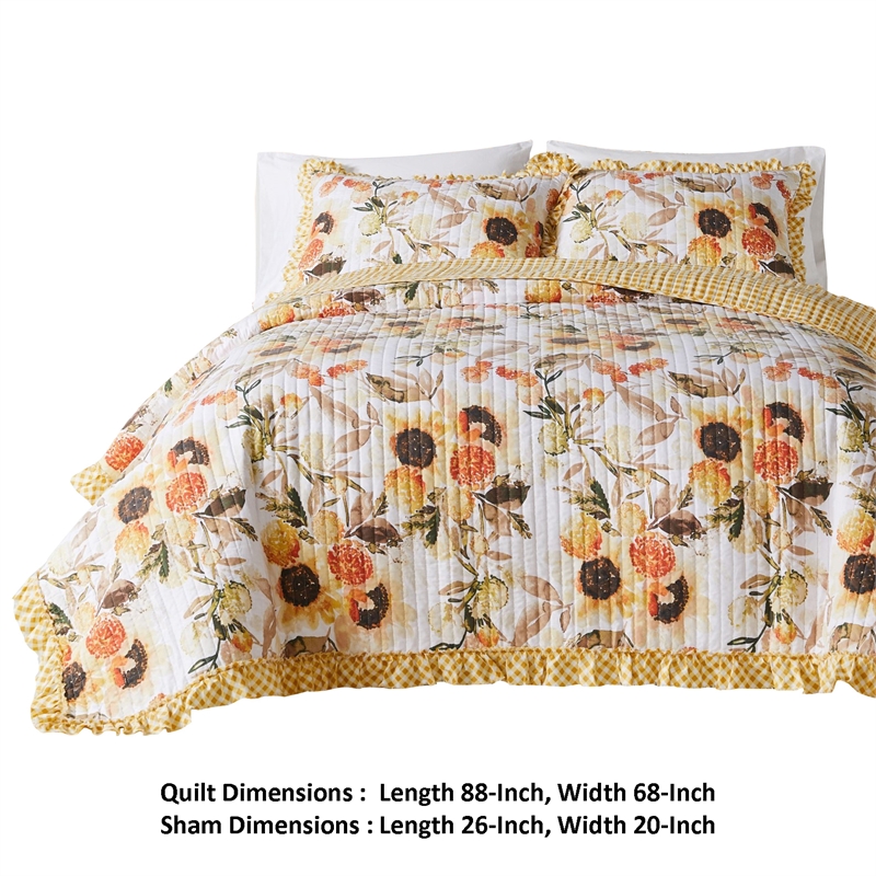 Benjara Kelsa 2 PC Twin Quilt Set with Pillow Sham- Cotton- Ruffled Border- Gold