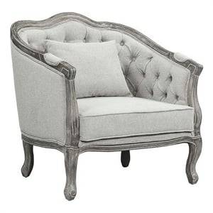 Benjara 37&quot Gray Oak Accent Chair- Smooth Gray Linen Upholstery- Button Tufted
