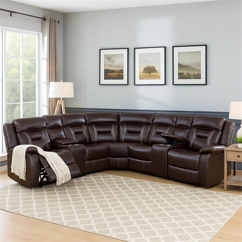 Benjara Lof Power Reclining Sectional Sofa Set- USB Port- Brown Gel Faux Leather