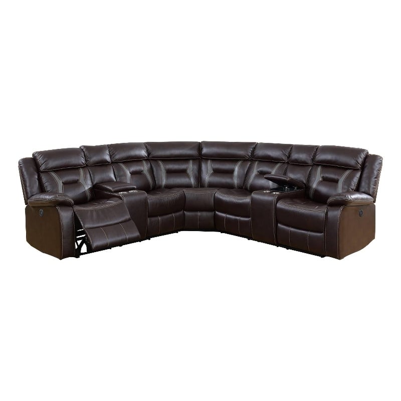 Benjara Lof Power Reclining Sectional Sofa Set- USB Port- Brown Gel Faux Leather