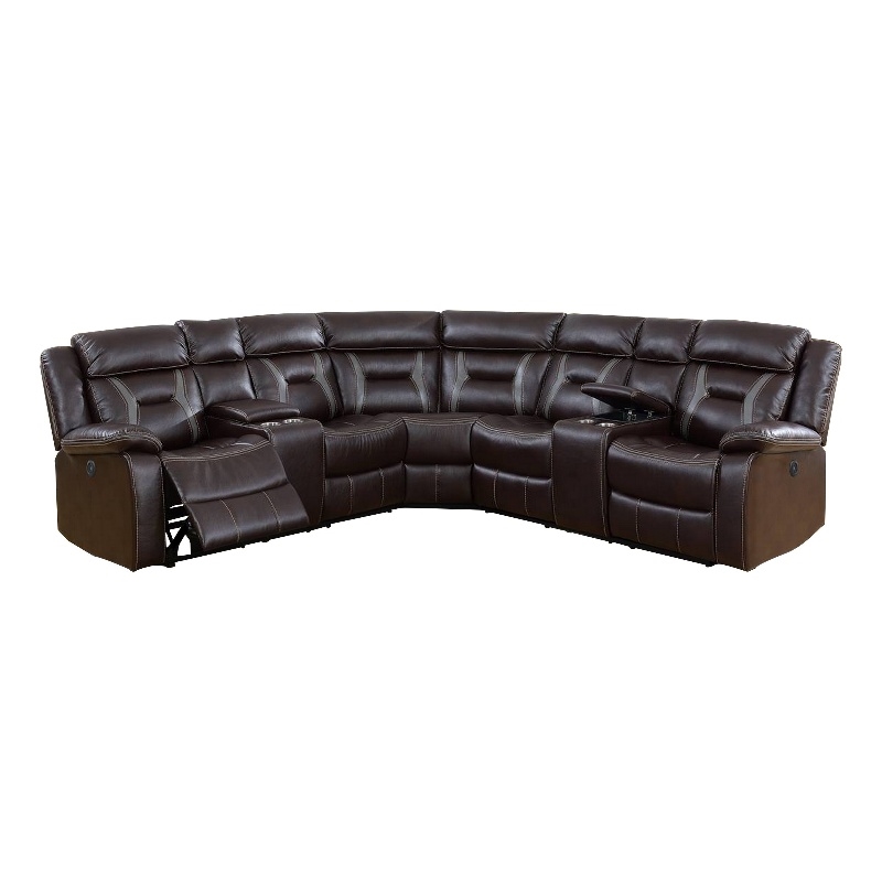 Benjara Lof Power Reclining Sectional Sofa Set- USB Port- Brown Gel Faux Leather