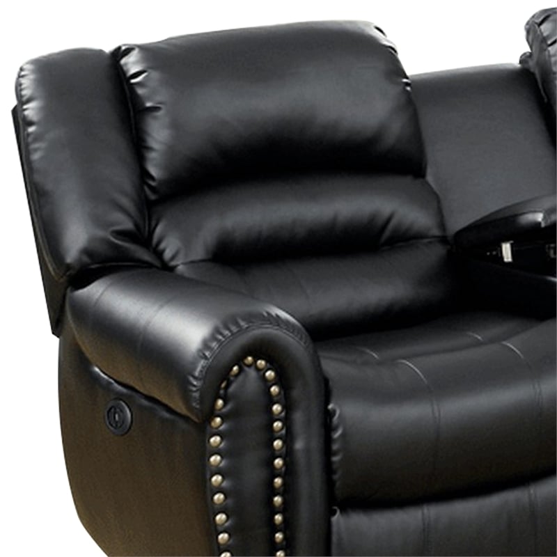 Benjara Qox Power Reclining Sectional Sofa Set- USB Port- Bonded Leather- Black