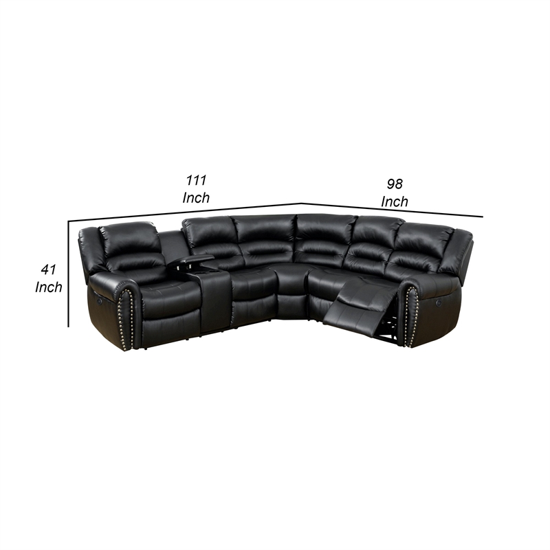 Benjara Qox Power Reclining Sectional Sofa Set- USB Port- Bonded Leather- Black